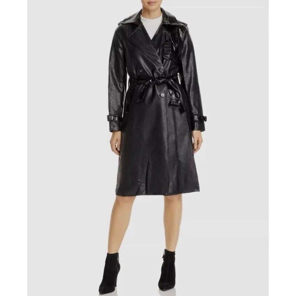 Apparis Priya Crocodile Embossed Faux Leather Trench Coat in Black Size M